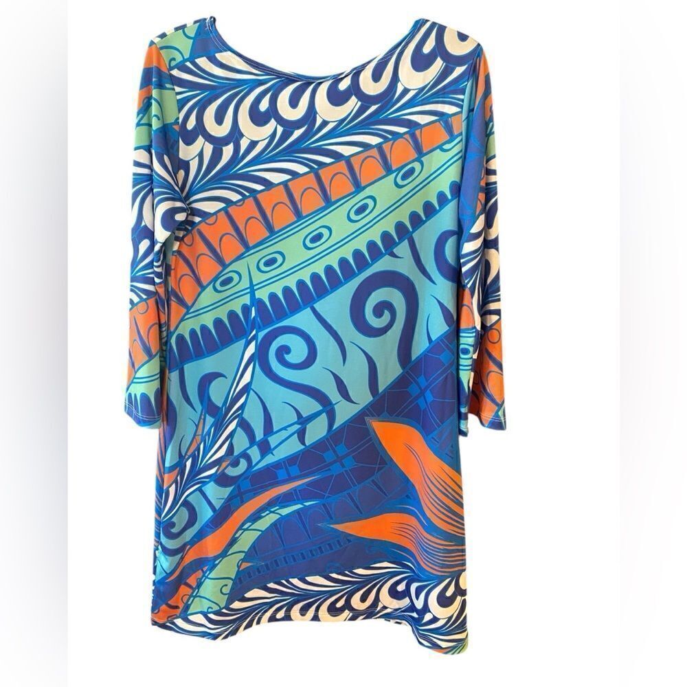 Parisou Sz S Blue Orange Jersey Knit ‘70s Vibe Pattern Shift Luxury Dress - Picture 2 of 6